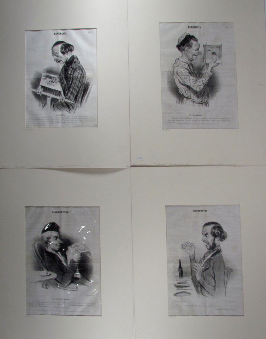4 Honore Daumier lithographs from Charivari, Silhouette: Artist: Daumier, Honore (French 1808-1879) Title: Le Bêtophile, Le Brodeur, La Lecture Du Journal, Victor Hugo, Notre Dame Paris Date: 1840 Medium: lithographs Dimensions: 11 x 8 inches and variable
