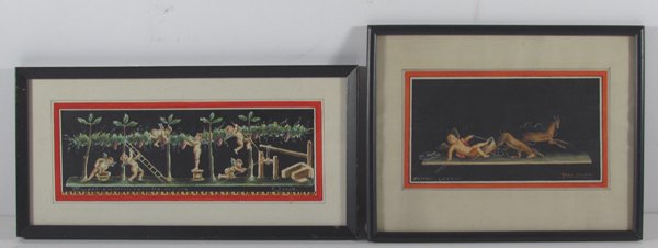 Giovanni Gallo Pompeii watercolor & After Gallo: Artist: Gallo, Giovanni (20th Century Italian) & C. Rozia or Mario Title: after Pompeii ancient wall frescos; Chariot by Giovanni Gallo, with a follower of Gallo watercolor Pompeii Cupids Grape Harves