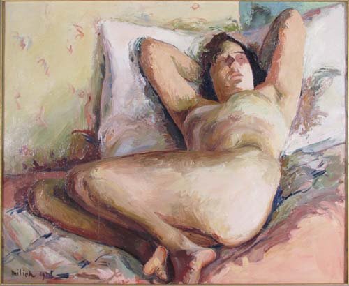Adolphe Milich "Reclining Nude" oil on canvas: Artist: Milich, Adolphe (French 1884-1964) Title: Reclining Nude Model Date: 1928 Medium: oil on canvas Dimensions: 19.5 x 24 inches Description: A modernist nude laying in an indefinite i