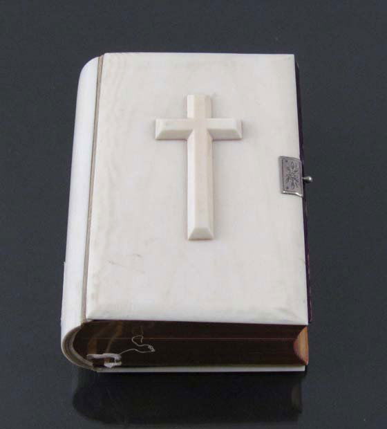 Prayer book with Ivory cover and cross: Title: Prayer book with Ivory cover and cross Medium: gilt edged pages, ivory Dimensions: 5 x 3 x 1.5 inches Description: book of common prayer. Inscribed: Harriet Eleanor King June 1st 1872, to my d