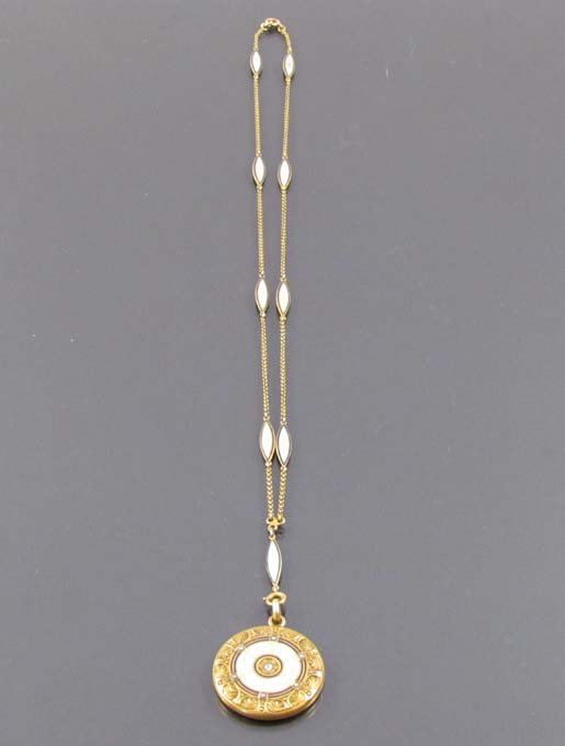 Gold and Cloisonné Monogrammed Locket w small stones: Title: 14k Gold Locket with Cloisonné design on chain and face, GSK monogram Medium: 14k gold, Cloisonné Dimensions: 15.3 DTW including all Signature: stamped 14k inside of locket Provenance: France