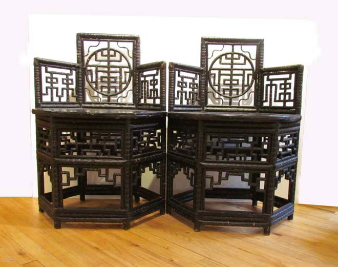 Pair of Chinese lacquered caned Bamboo Chairs c.1900-30: Title: Pair of Chinese lacquered and caned Garden Chairs with original black lacquer finish Date: 1900-1930 Medium: lacquered bamboo wood Dimensions: 36 x 24.5 x 20 inches