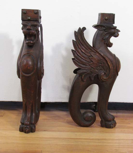 Pair of carved oak gargoyle shelf brackets: Title: Pair of carved oak gargoyle form shelf brackets Medium: oak Dimensions: 16 x 3.5 x 7.5 inches