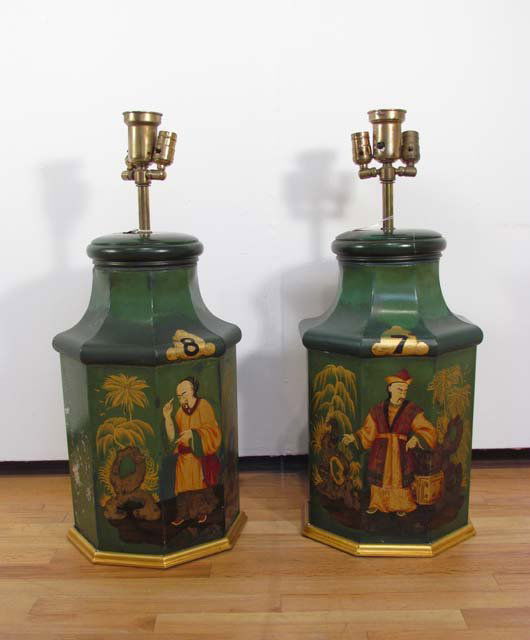 Pair of Octagonal Chinese Tole painted lamps: Title: Pair of Octagonal Chinese Tole painted lamps Medium: tole Dimensions: 29.5 x 12 x 12 inches Signature: one is numbered 7 one is numbered 8 with philosophers octagonal Provenance: recent Christ