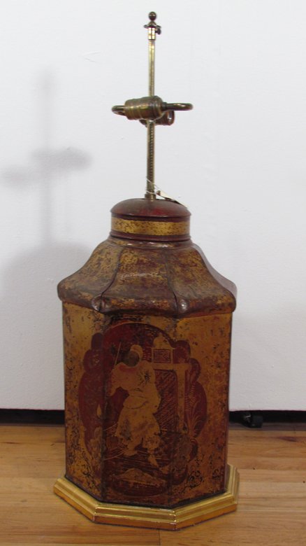 Octagonal Tole Chinoiserie decorated canister lamp: Title: Octagonal Tole Chinoiserie decorated canister lamp with Bartlett and son's bristol jar Medium: tole Dimensions: 31 x 12 x 12