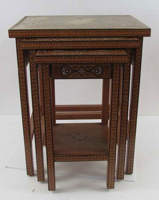 Set of 3 Syrian Nesting Tables w elaborate inlay: Title: Set of 3 Syrian Inlaid Nesting Tables, with elaborate geometric inlay that is finely worked, the smallest table has a drawer Medium: wood and wood veneer Dimensions: 23 x 18.25 x 14.25 inches