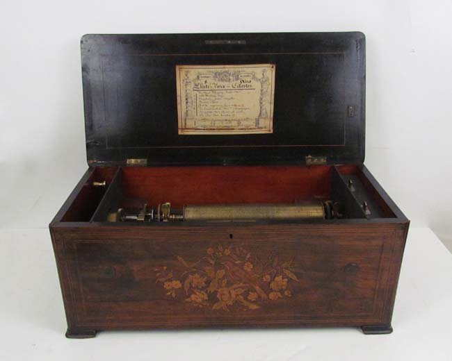 Antique Swiss cylinder music box with Inlaid Rosewood C: Artist: French/Swiss Crafts Title: Large Circa 1890 Franco Swiss Six Tune Cylinder Music Box with Rosewood Floral Inlaid Case and Original Song Sheet Date: circa 1890 Dimensions: 10 x 24 x 12 inches