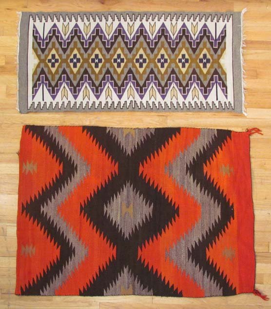 Pair of Small Native American/Mexican Blankets: Title: Pair of Small Native American/Mexican Blankets Medium: woven wool Dimensions: red: 52 x 37, purple/grey: 52 x 23.5 inches Provenance: Frances Sunstein Balter Collection
