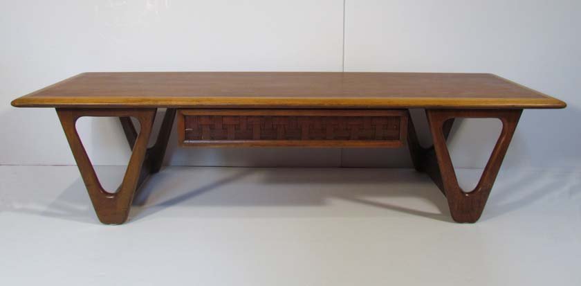Andre Bus/Lane Coffee table with Basketweave Front: Artist: Bus, Andre for Lane Title: Mid Century Modern Coffee Table with Basketweave Drawer Front Medium: walnut Dimensions: 14 x 56.25 x 20.25 inches Signature: Style No. 908-01 Lane Stamp on undersi