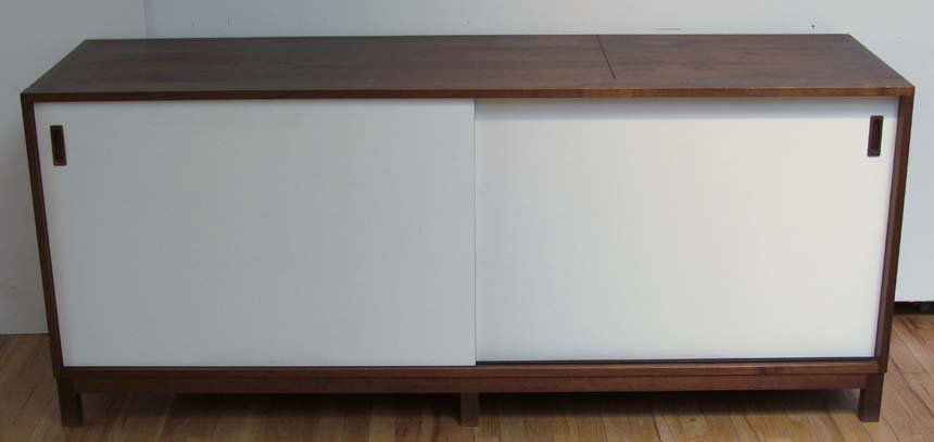 Michael Chirigos Music Stereo Cabinet/Credenza: Artist: Chirigos, Michael Title: Custom Designed Music Stereo Cabinet/Credenza with laminate doors, hinged top for record player, record storage Medium: walnut, laminate Dimensions: 30 x 21 x 72 inche