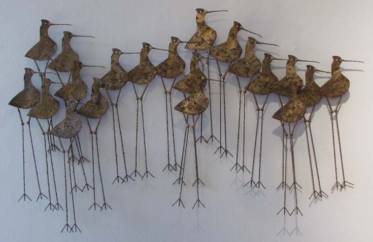 Jere Metal Wall Sculpture of Sandpipers: Artist: Curtis Jere (20th Century American) Title: Metal wall sculpture of Sandpipers by C. Jere Date: 1969 Medium: metal Dimensions: 29.5 x 47 x 4 inches Description: Curtis Jere is a com