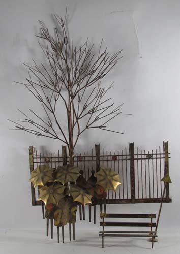 Curtis Jere wall relief "Park Bench in The Rain": Artist: Jere, Curtis (20th Century American) Title: Park Bench in The Rain with Umbrellas Medium: copper and brass metal wall relief Dimensions: 29 x 17 x 4 inches Signature: signed and copyrighted C