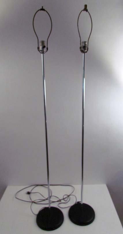 Pair of George Kovacs Style Chrome Floor Lamps: Artist: Kovacs, George (Possibly) Title: Pair of Chrome Floor Lamps Medium: chrome, patinated metal Dimensions: 55 inches tall to finial Provenance: Frances Balter Collection; Owen Cantor, Pittsburgh