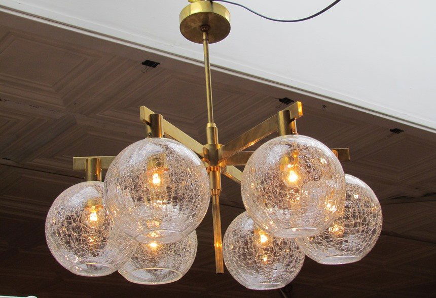Angelo Lelli for Arredoluce Chandelier: artist: Lelli, Angelo (Lelii)(Italian ) title: Angelo Lelli For Arredoluce 6 Arm Brass Chandelier With 6 Crackle Glass Globes date: 1950-1970 medium: brass, Glass dimensions: 25.5 X 25 X 25 Inches