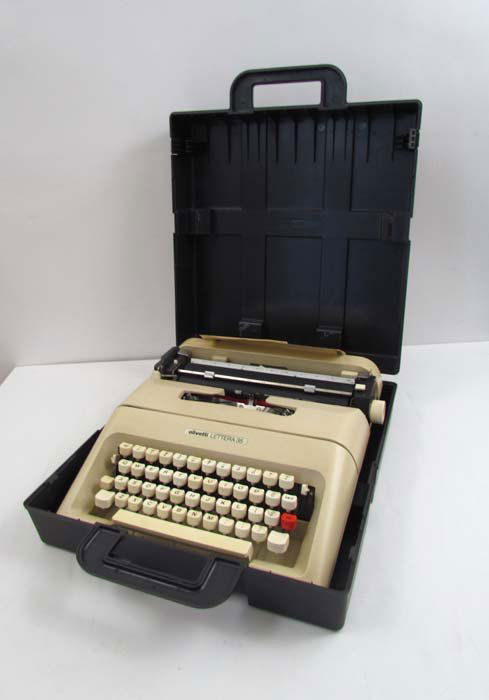 Vintage Manual Typewriter Olivetti Lettera 35: Artist: Olivetti Title: Vintage Manual Typewriter Olivetti Lettera 35, cream colored with hard case Date: c. 1970 Medium: typewriter Dimensions: case measures: 5 x 14 x 14 inches Provenance: <
