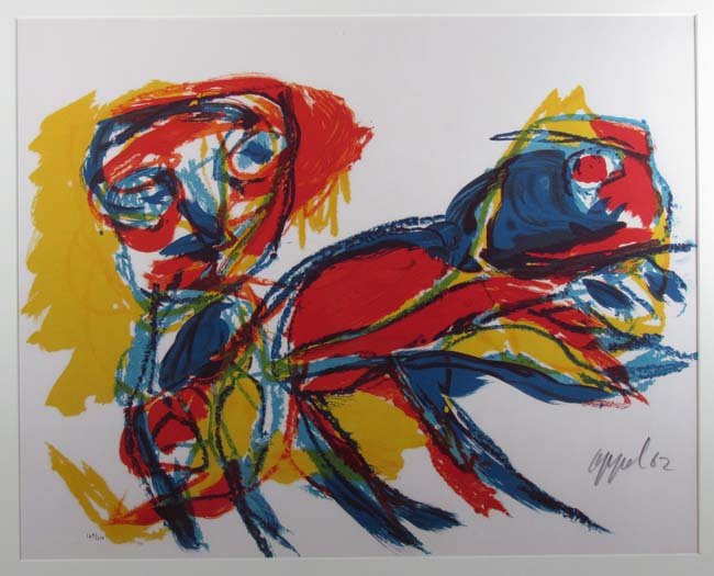 Karel Appel 1962 orig litho "Men and Red Beast": Artist: Appel, Karel (Dutch 1921-2006) Title: Men and Red Beast Date: 1962 Medium: lithograph printed in colors Dimensions: 16 Inches by 22 Inches Edition: 169/210 Signature: pe