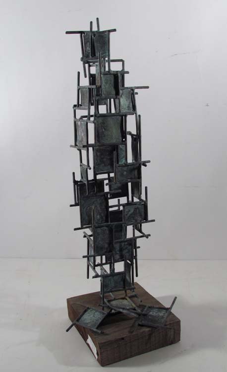 Glen Davis Abstract Table Sculpture: Artist: Davis, William Glen (20th Century Western PA) Title: Abstract Table Sculpture Medium: welded metal rods and small sheets on wood base Dimensions: 25 inches tall