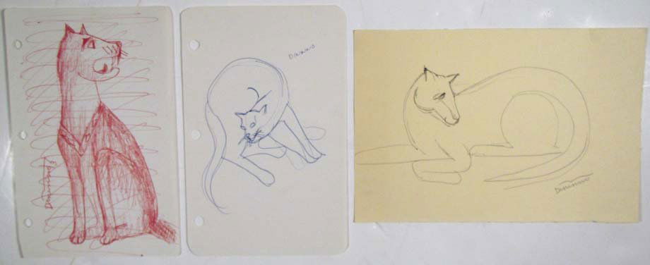 Frank Alexander Dininno three ink drawings with cat the: Artist: Dininno, Frank Alexander (American/Pittsburgh, 1919-1983) Title: Three Studies with cat theme Medium: pen on paper Dimensions: largest: 6 x 9 inches Signature: all signed
