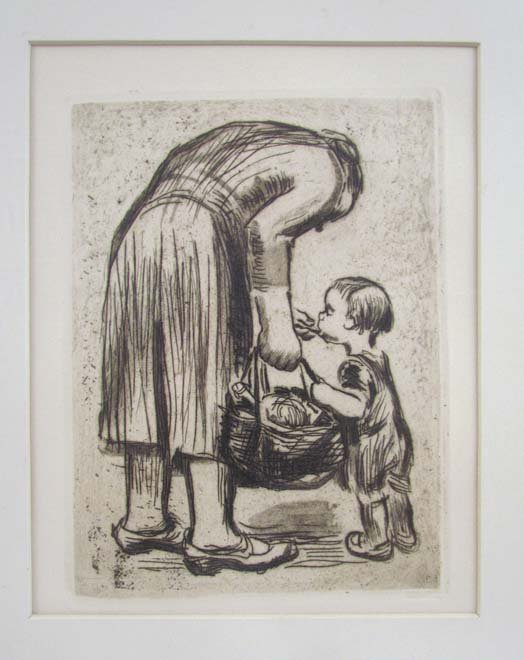 Kathe Kollwitz Standing Mother Feeding Boy etching: Artist: Kollwitz, Kathe, 1867-1945 Title: Standing Mother Feeding Her Little Boy Medium: etching with publisher's Munich drystamp Dimensions: 7.5 x 5.75 inches (plate) Signature: Publishers stamp low