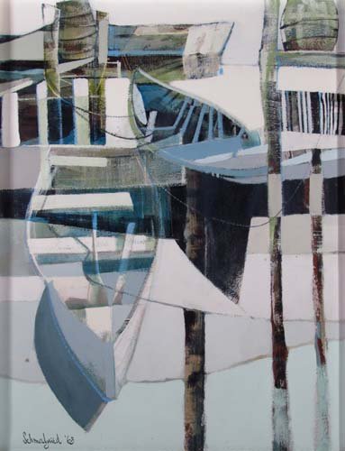 Robert Schmalzried oil on board "Boats at Dock": Artist: Schmalzried, Robert (Western Pa.) Title: Cubist Boats at Dock Date: 1963 Medium: oil on masonite panel Dimensions: 23 x 18 inches Signature: signed and dated Schmalzried 63 lower l