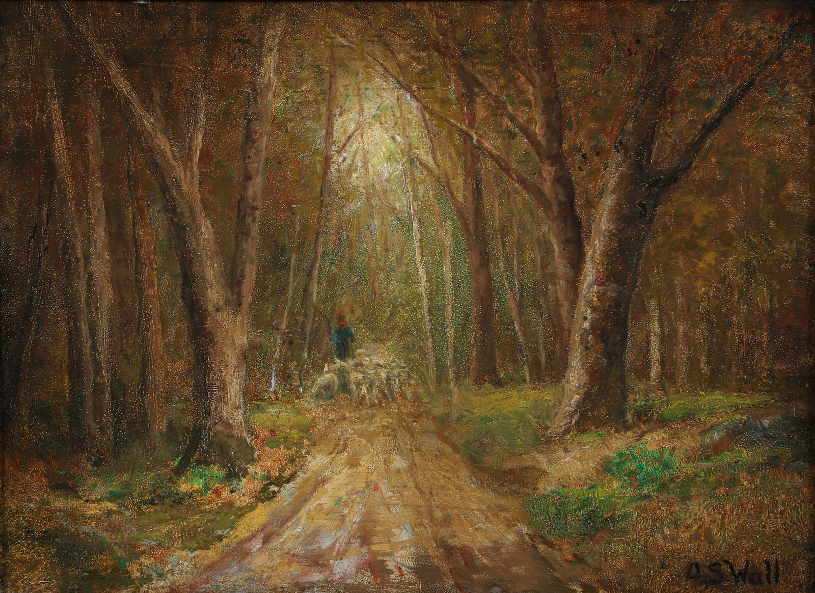 Alfred S. Wall Road in The Woods 1880 Oil on Board: Wall, Alfred S. (American/Western PA, 1825-1896), Road in The Woods, c.1880, oil on board, signed lower right, 10 x 14 inches, framed 16.5 x 19.5 inches. Provenance: Melvin Gardner, Harrisburg, PA; Fr