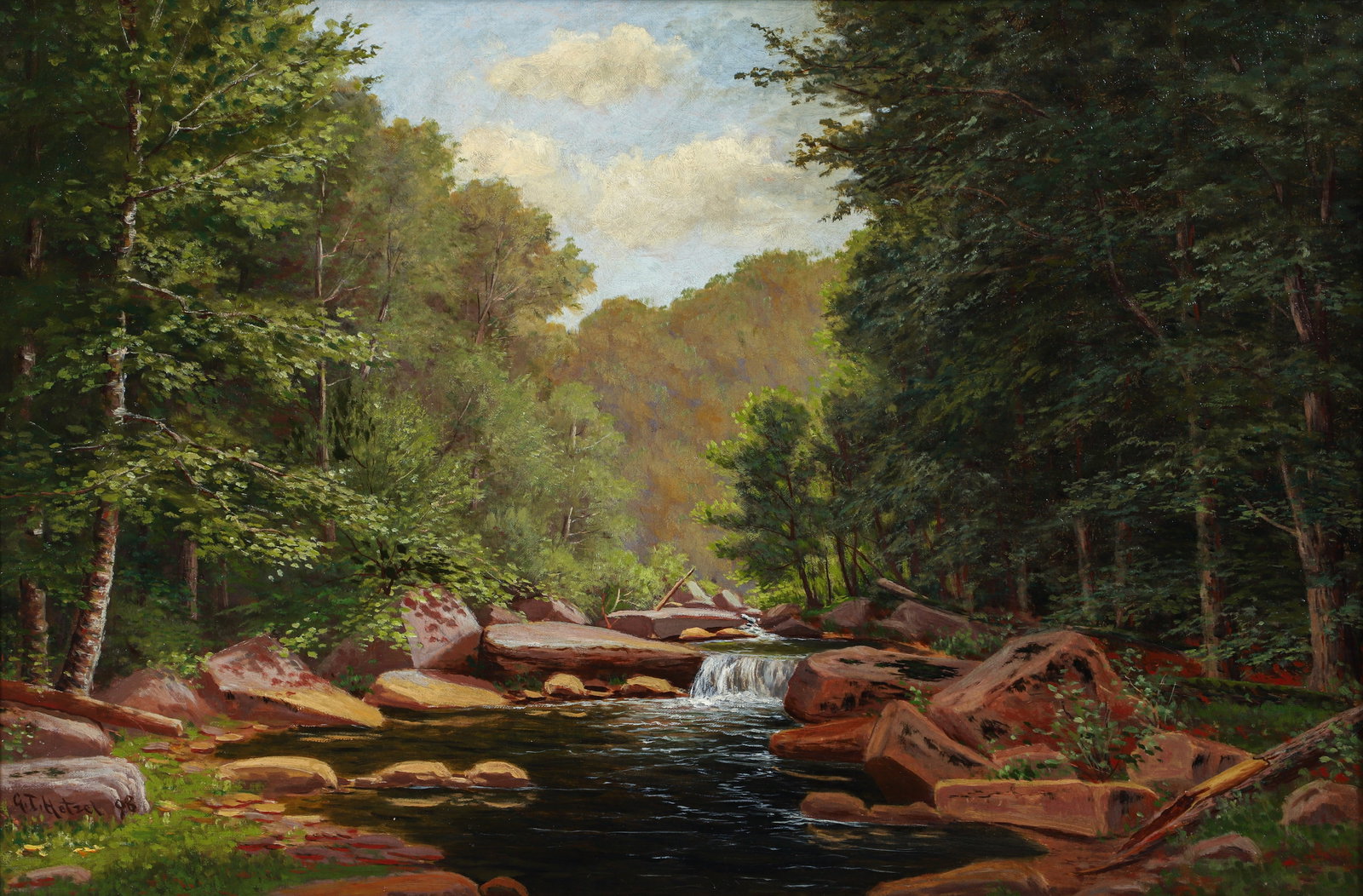 George T. Hetzel oil painting Scalp Level Landscape 1898: Hetzel, George T. (American/Western PA, 1846-1912), Landscape, Scalp Level, 1898, oil on canvas, signed and dated lower left, 20 x 30 inches, framed 24 x 34 inches. Provenance: A Western Pennsylvania