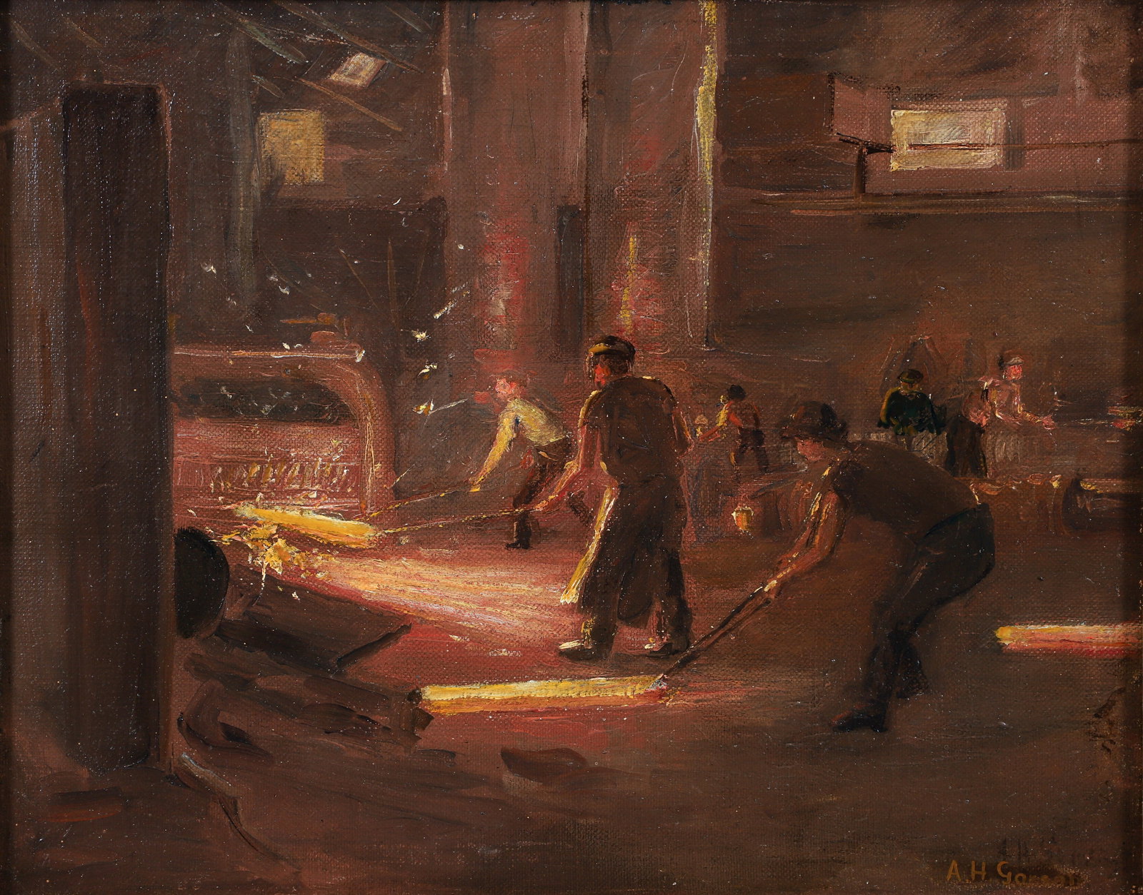 Aaron Gorson Rare Factory Interior Rolling Muck Bars Oil on Canvas: Gorson, Aaron Harry (Lithuanian/American, 1872-1933), Rolling Muck Bars, undated, oil on thick canvas, signed lower right by the artist, and with an additional enhanced signature in gold by an unknown