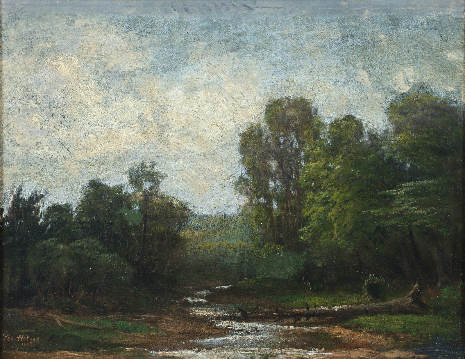 George Hetzel 1888 oil painting Stream Through the Woods 1888: Hetzel, George (German/American/Western PA, 1826-1899), Stream Through the Woods, 1888, oil on canvas, laid down on board, signed and dated lower left, 10.5 x 13.5 inches, framed 15.5 x 18.5 inches. P