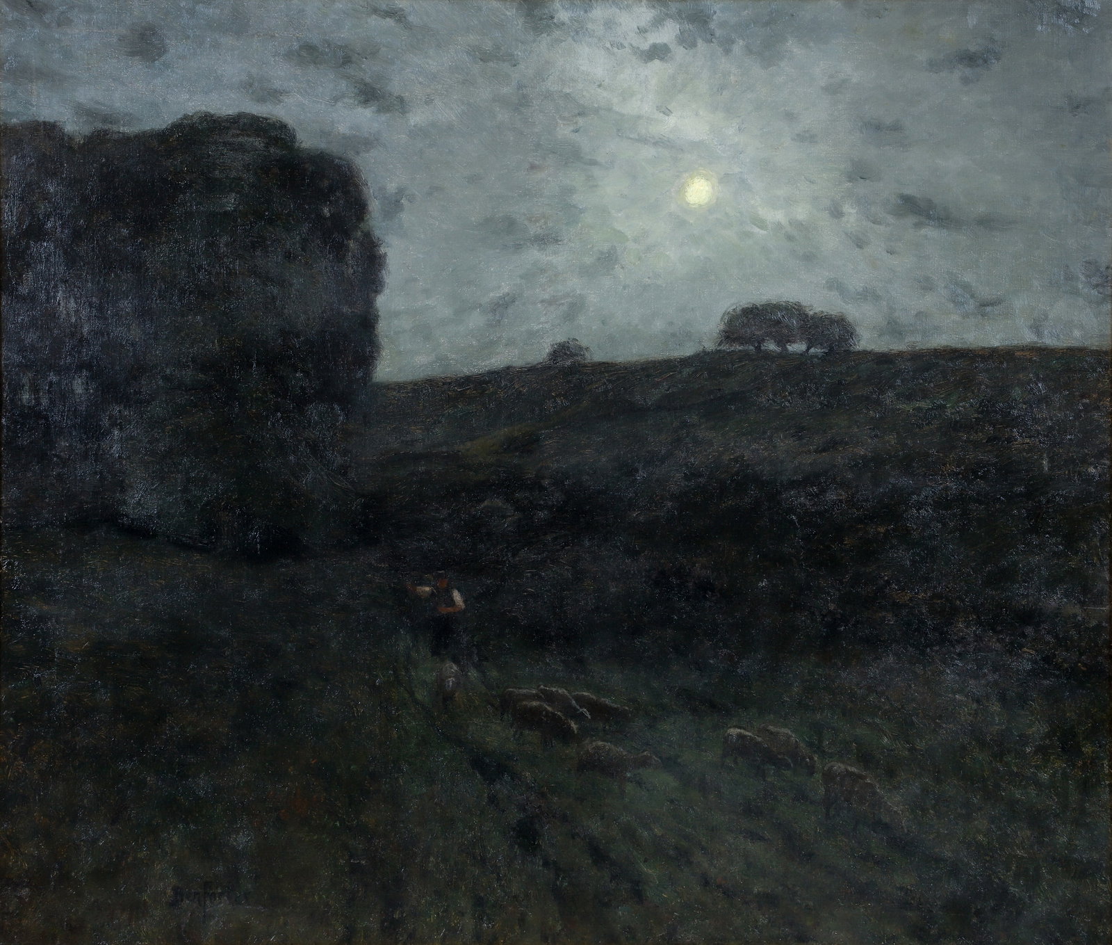 Ben Foster Moonlit Shepherd Early 20th Century Oil Painting: Foster, Ben (Benjamin) (American, 1852-1926), Nocturne with Moonlight and Shepherd, c.1900, oil on canvas, laid down on masonite, signed lower left, 36 x 42 inches, in a newer gilt wood frame 44 x 49.