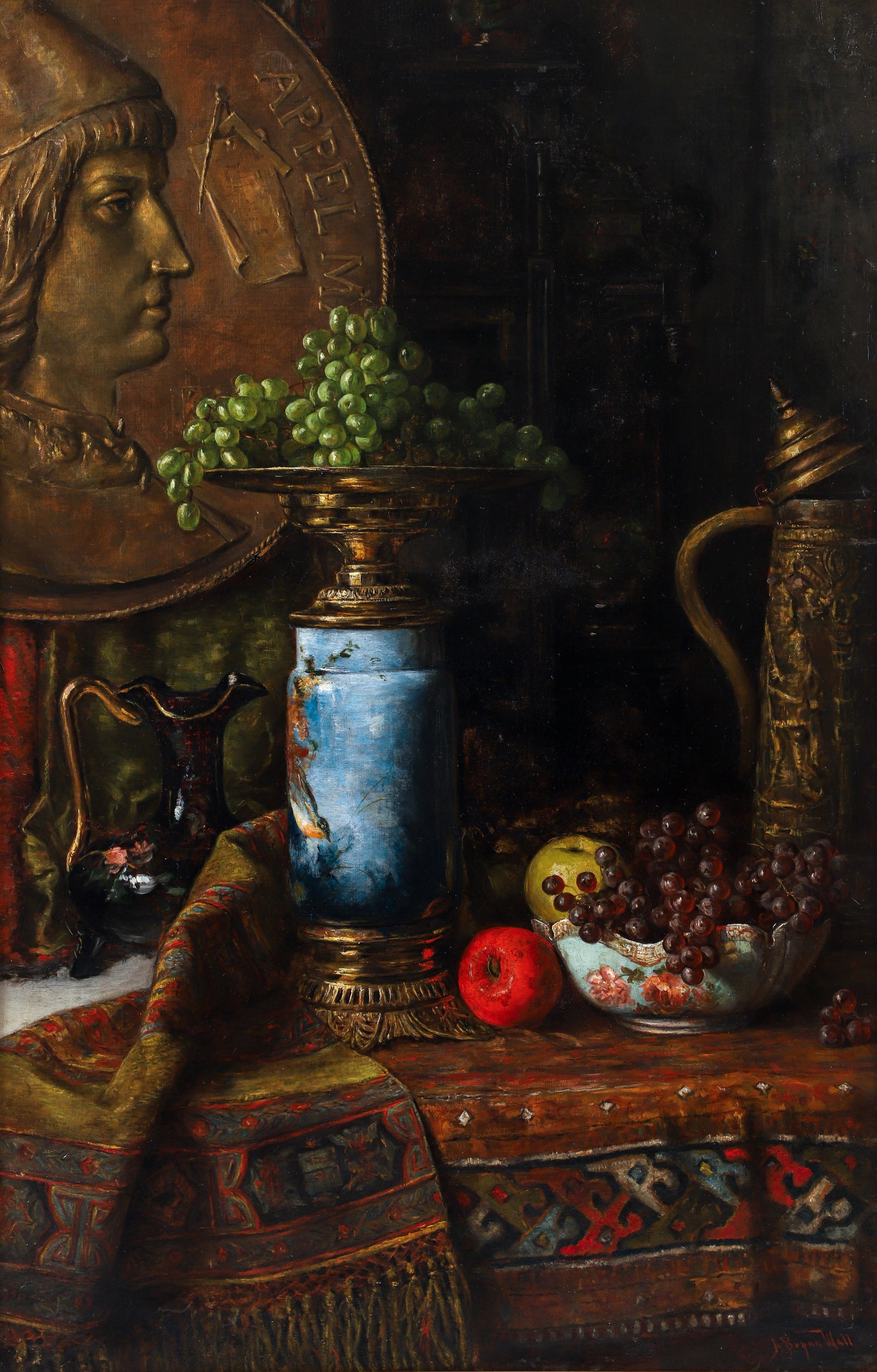 Alfred Bryan Wall Rare Still Life Interior Oil on Canvas: Wall, Alfred Bryan (American/Western PA, 1861-1935), Still Life With Shield, c1885, oil on canvas, relined, signed at lower right, 43 x 28 inches, in a gilt frame 47 x 33 inches. A rare interior and s