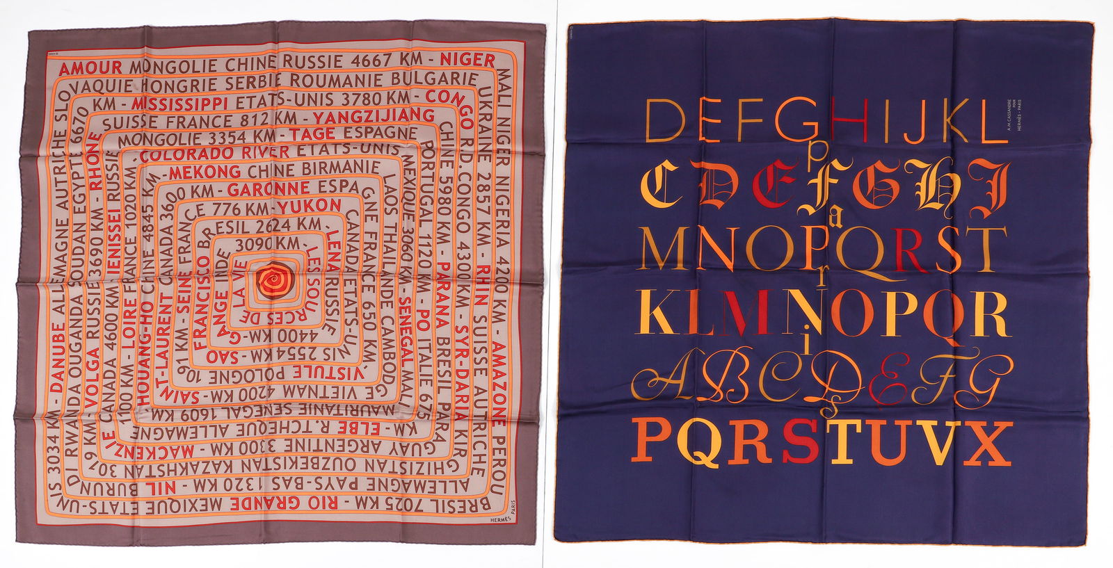 2 Hermes Silk Scarves by AM Cassandre and Fred Rawyler: 2 Hermes Silk Scarves: Litterature by A.M. Cassandre and Les Sources de la Vie by Fred Rawyler, both with Hermes copyright in the image, made in France, each 35.4 inches square. Provenance: The Estate