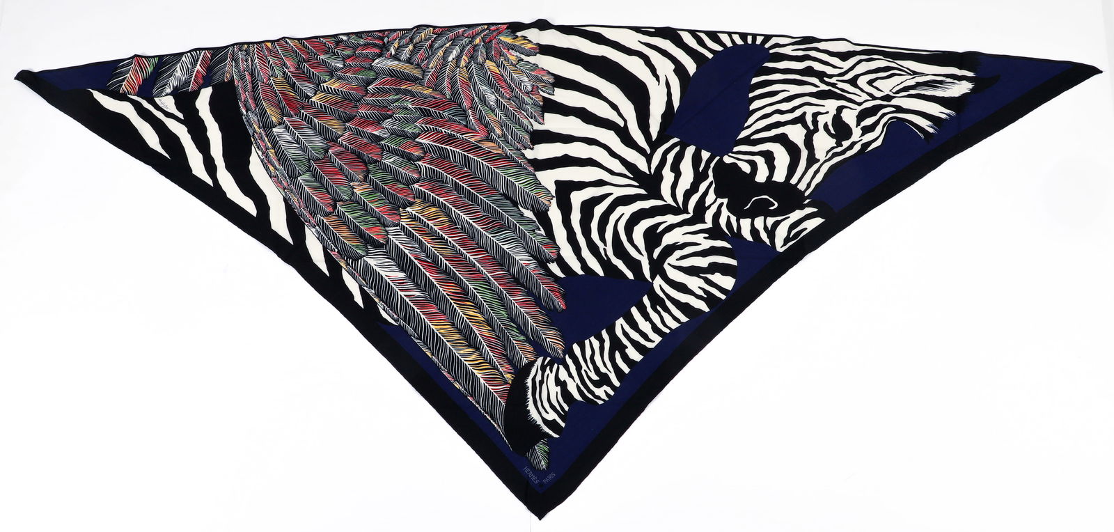 Hermes Zebra Cashmere Scarf by Alice Shirley: Hermes, Zebra Scarf by Alice Shirley, cashmere, labeled "Hermes Paris" and signed "Alice Shirley" in the print, made in France, triangular shape, 51 inches along square edge, 78 inches along diagonal