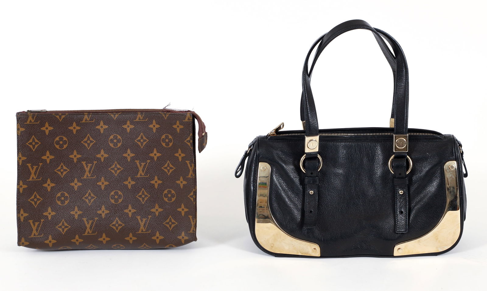 YSL Black Leather Handbag, Louis Vuitton Style Toiletry Bag: Yves Saint Laurent Paris Rive Gauche black leather handbag with gold tone hardware. Two adjustable straps secured by O-rings. One pocket on the interior. Silk lined. YSL Rive Gouche logo on strap hadw