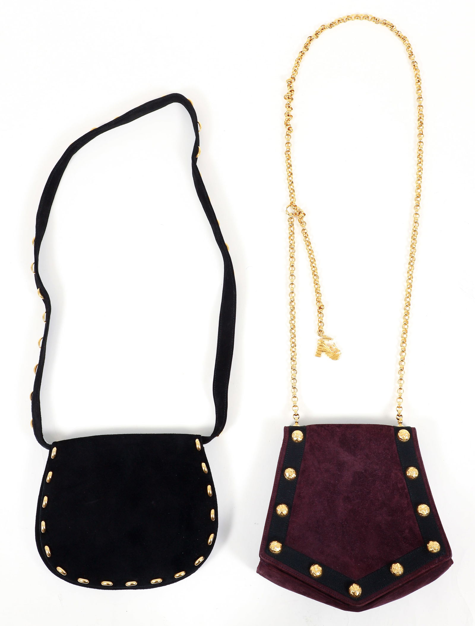 Salvatore Ferragamo Crossbody Bag in Purple Suede and Dior Style Bag: Vintage Salvatore Ferragamo Italy crossbody bag in purple suede. Gold tone adjustable chain strap with spring O-ring adjuster. Features a gold tone charm of the famous Ferragamo Rainbow sandal designe