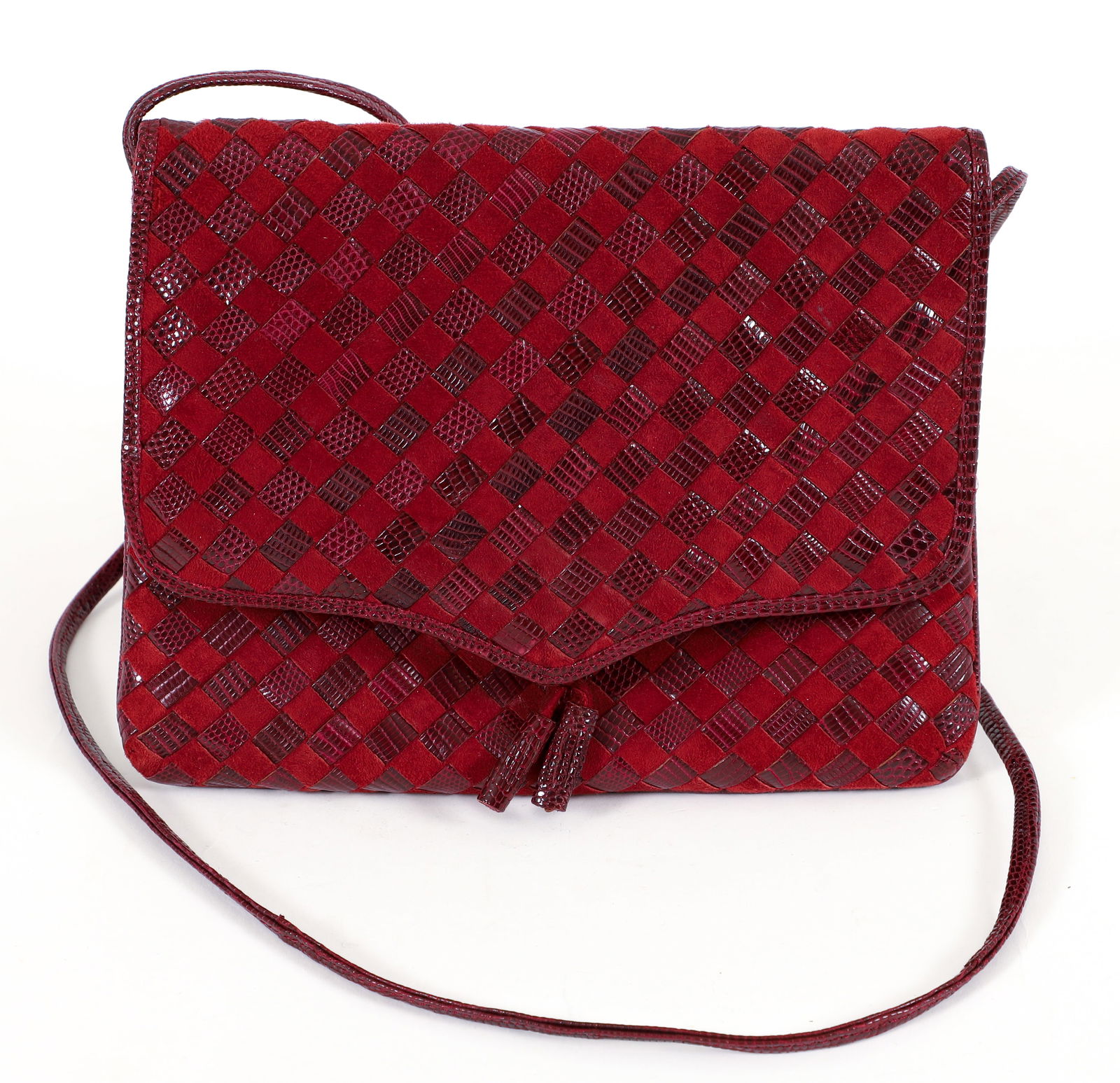 Bottega Veneta Intrecciato Crossbody Bag in Carmine: Vintage Bottega Veneta Italy Intrecciato Crossbody Bag in carmine. Red suede woven with lizard skin. Opens to reveal a zipper pocket. One pocket at front. Flap top with a pull latch tassel closure. In