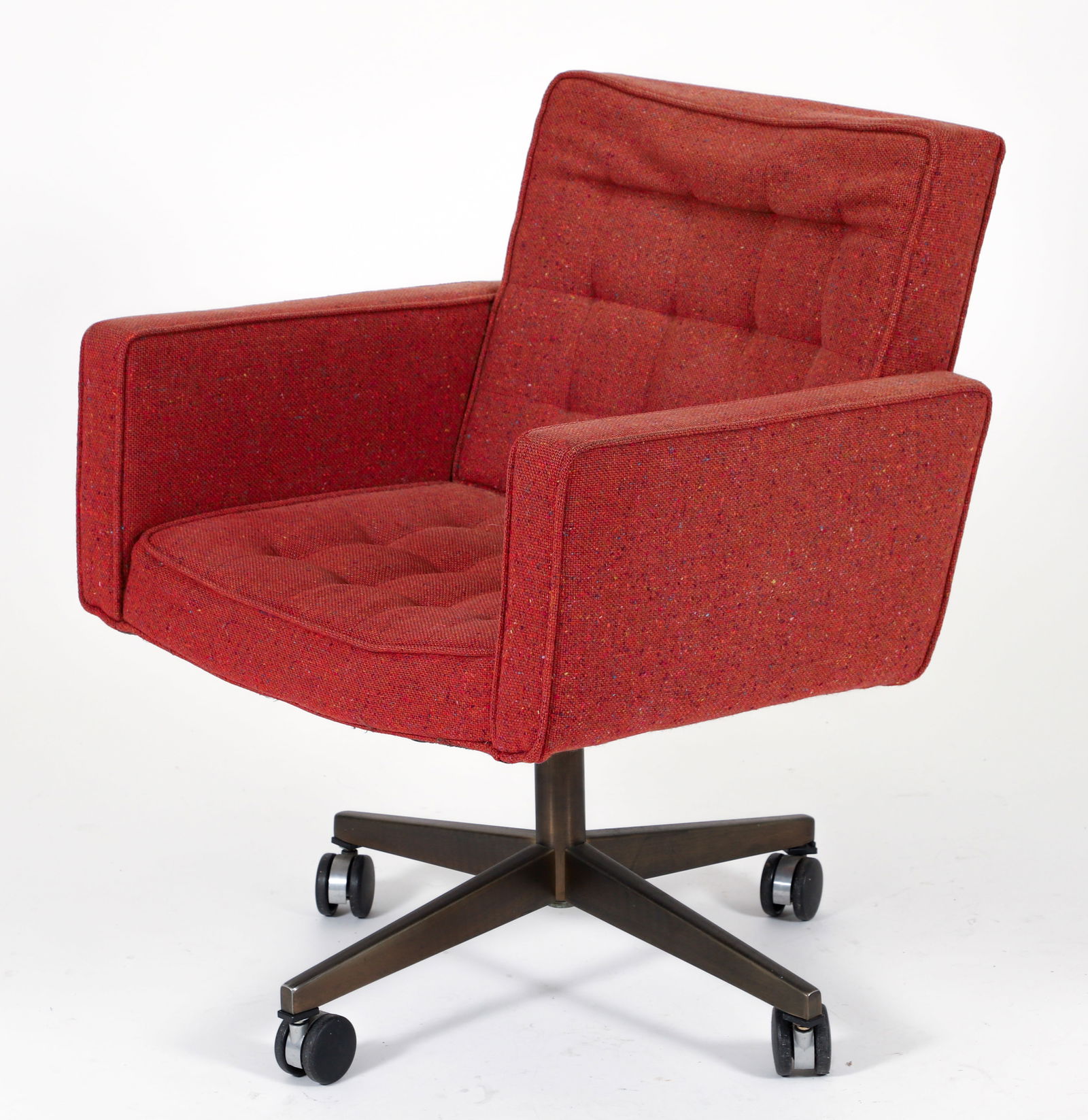 Vincent Cafiero for Knoll Executive Office Chair: Vincent Cafiero for Knoll International Tilt / Swivel Base Executive Desk Chair, American, 1964. Pale orange tweed upholstery on bronzed steel 4-point base . Knoll International 320 Park Ave. NY