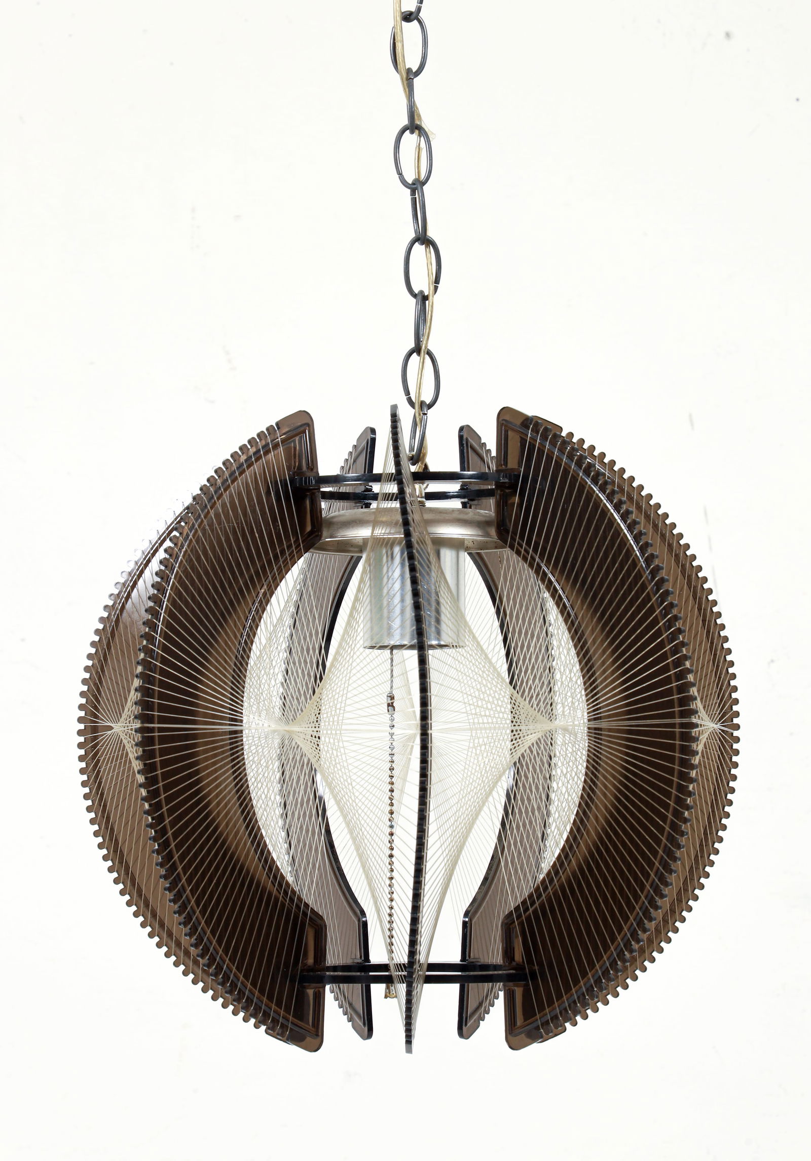 Paul Secon for Sompex Hanging Pendant Lamp 1970s: Paul Secon (American, 1916-2007) for Sompex hanging pendant lamp, German, 1970s. Smoked lucite frame with strung interwoven acrylic stings. With chromed canopy and chain. Pendant 14.25 x 15 inches, ch