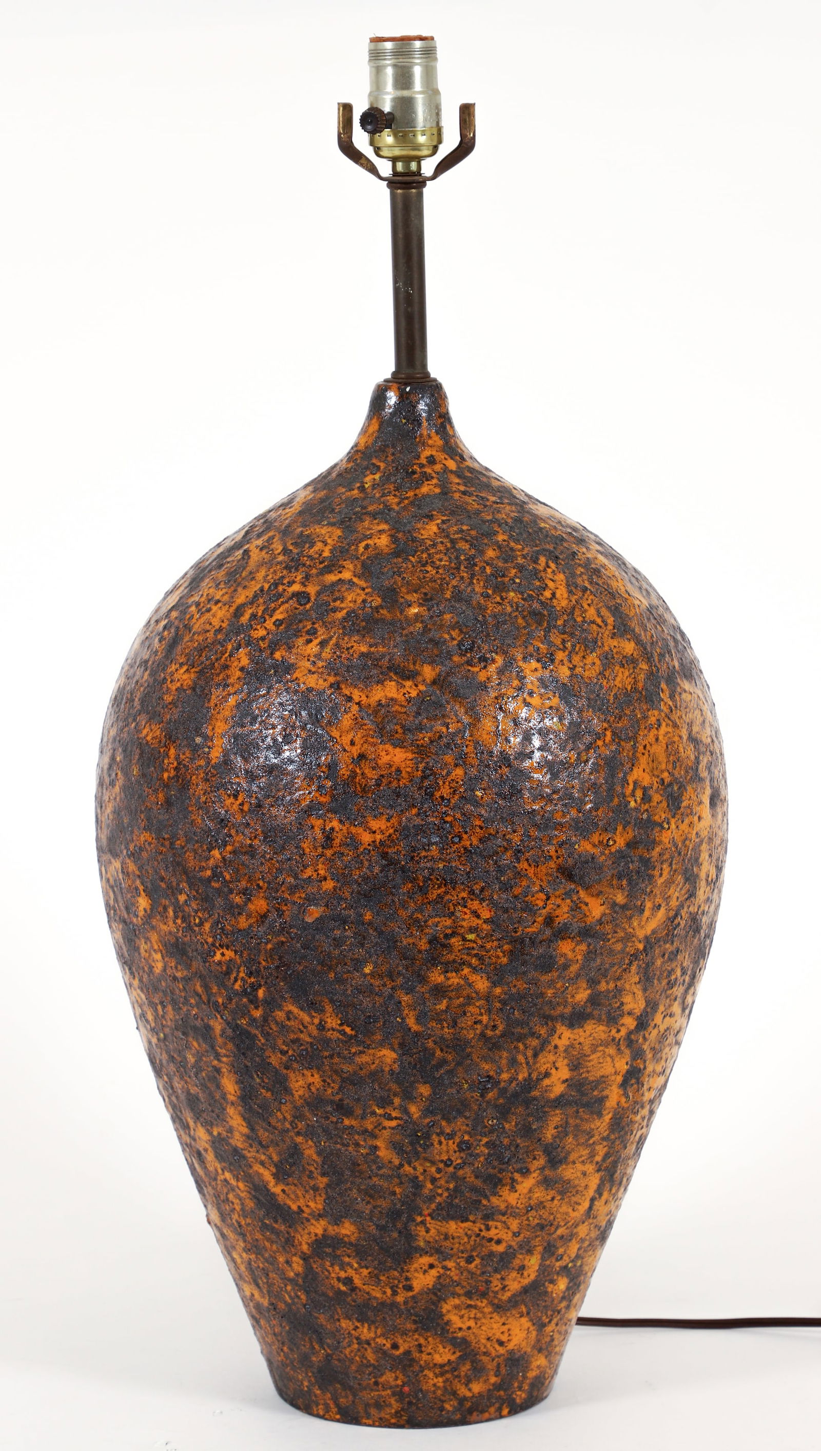 Aldo Londi for Bitossi Oil Jar Form Table Lamp: Aldo Londi (Italian, 1911 - 2003) for Bitossi oil jar form table lamp, Italian, 1960s. Imported by Raymor New York. Polychrome Orange & Black Lava Glazed Pottery. Marked 1313 Italy Lamp Base Raymor on