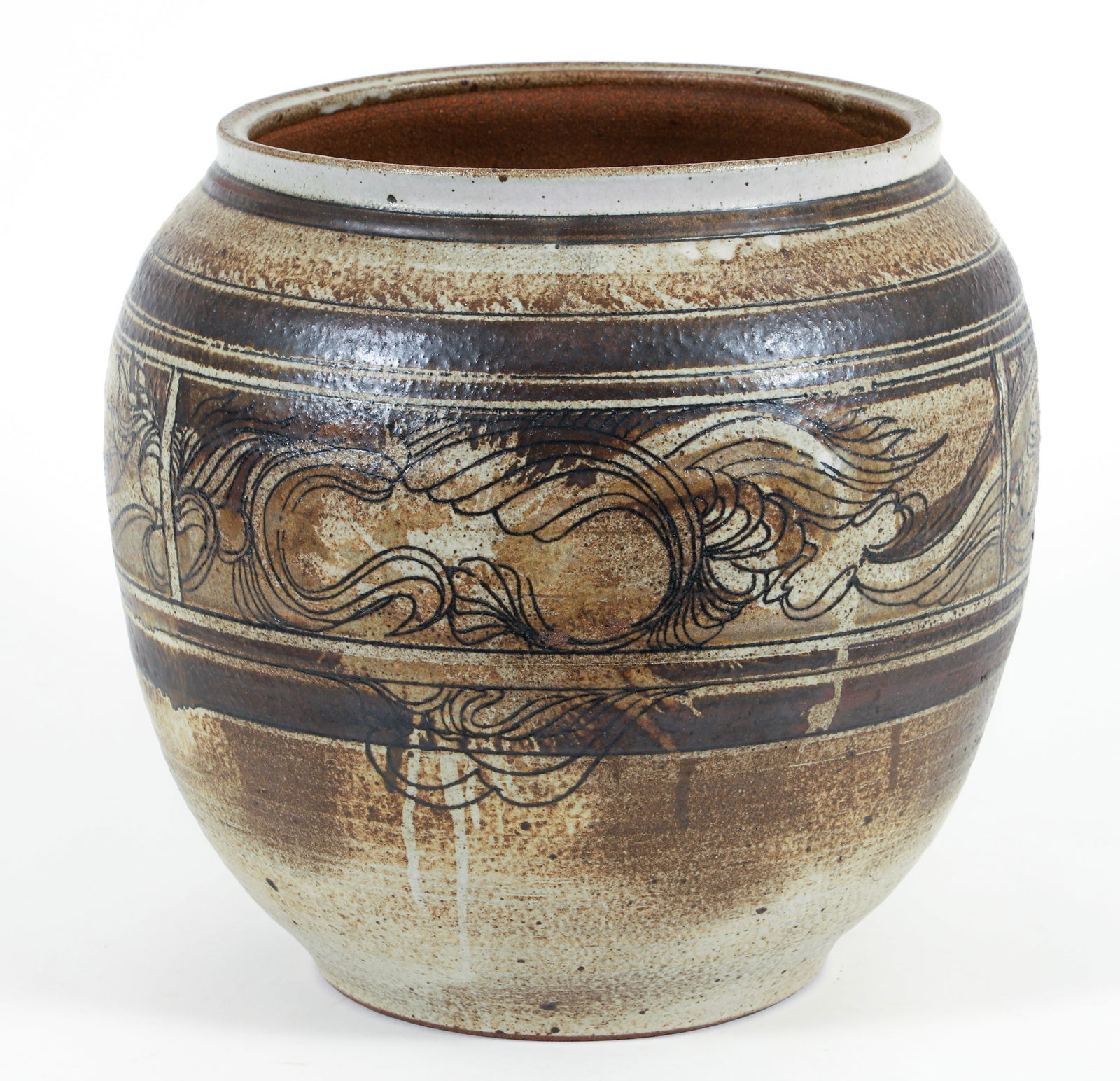 Large Ceramic Jardiniere with Mid Century Decoration: Large Ceramic Jardiniere with Mid Century Decoration. 14.5 x 14.5 inches.