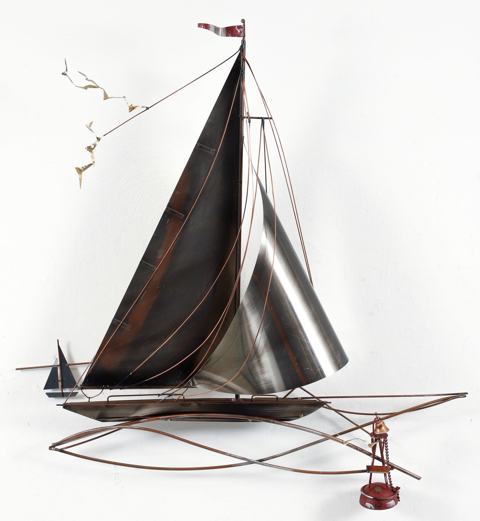 Curtis Jere Sailboat Wall Sculpture: Curtis Jere sailboat wall sculpture, late 29th century. Signed in one area. Approximately 29.5 x 30 x 11 inches.