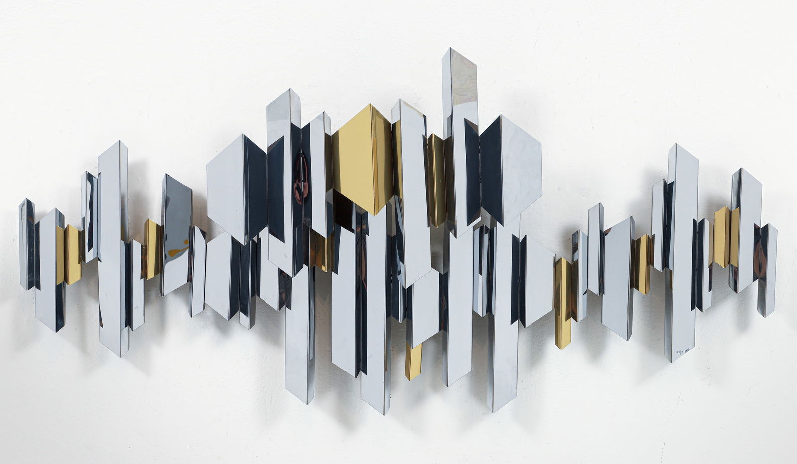 Curtis Jere 1978 Cityscape Metal Wall Sculpture: Curtis Jere, Metropolis Cityscape, metal wall sculpture, 1978, signed and dated at lower right corner, 23 x 49 inches. Reminiscent of Paul Evans' famous Cityscape line of furniture and design.