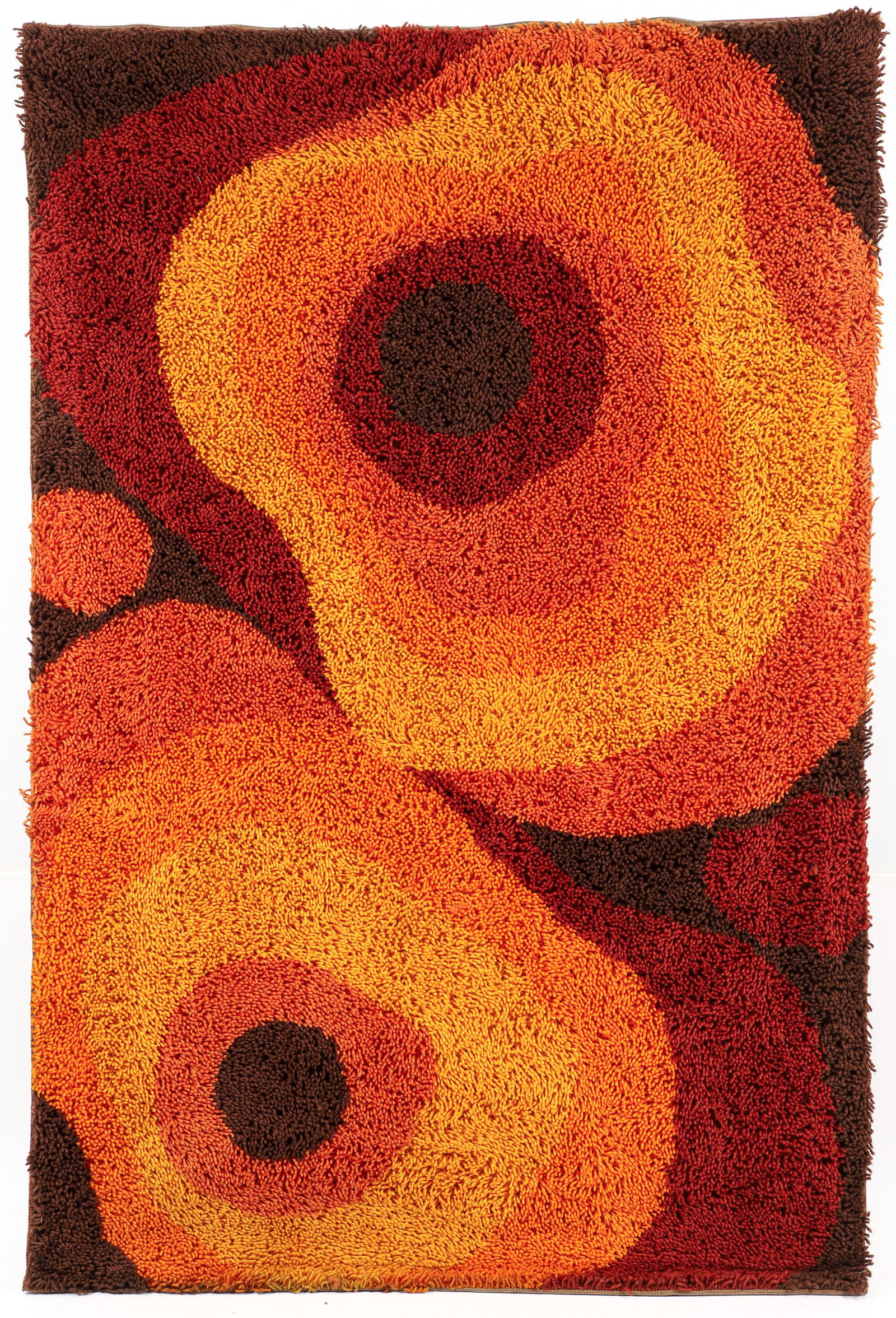 Vintage Rya Rug Shag Decorative Carpet: Vintage Danish Ege Rya Rug, c.1970s, woven heavy shag carpet with classic modern design, 72 x 48 inches, no tag or maker's mark. The rug has been mounted to a stretcher bar along the edges allowing