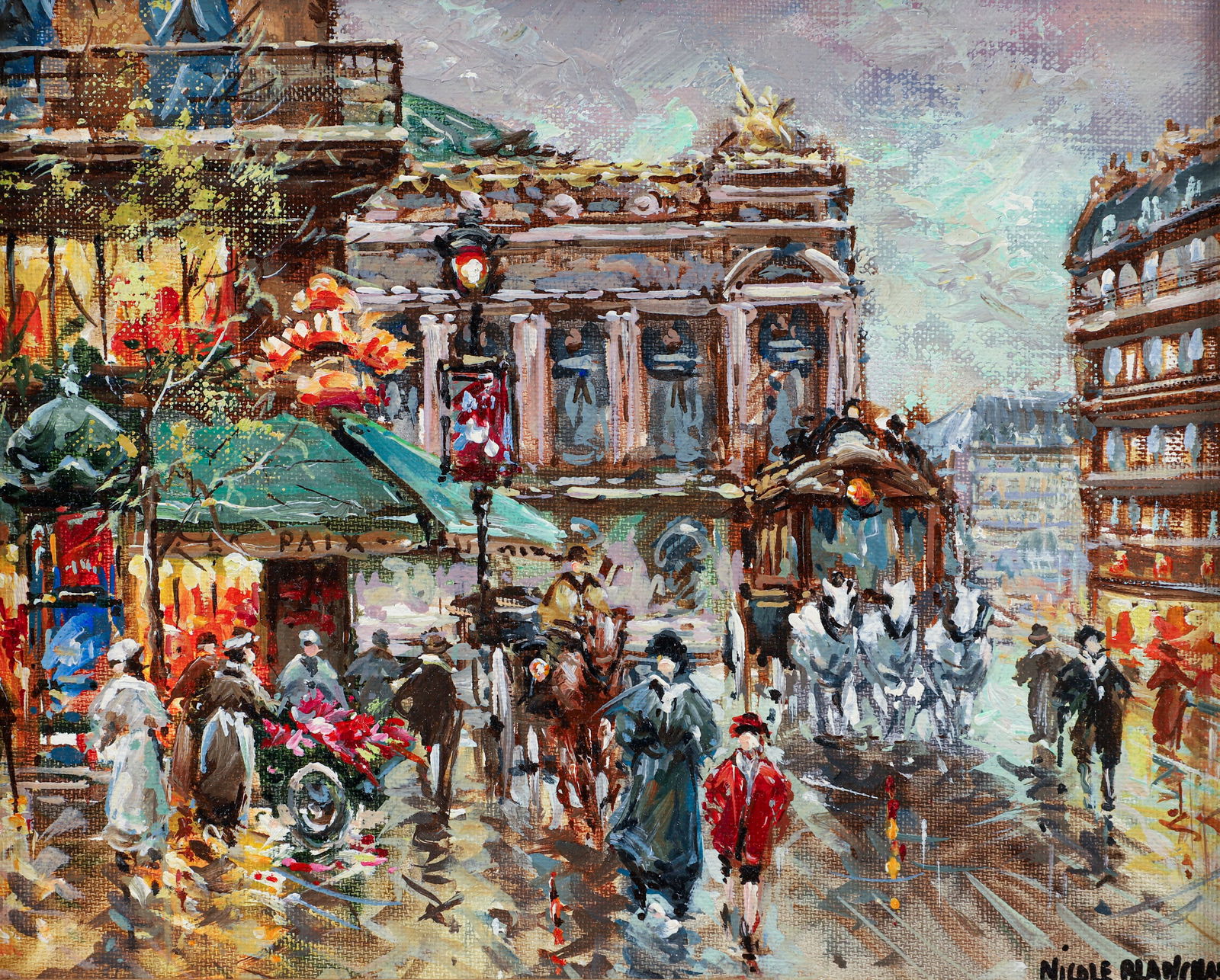 Nicole Blanchard Oil on Canvas Opera: Blanchard, Nicole (French, b. 1943), Opera, oil on canvas, signed lower right. 8.5 x 10.5 inches, nicely matted and in a 16 x 17.5 inch gilt frame.