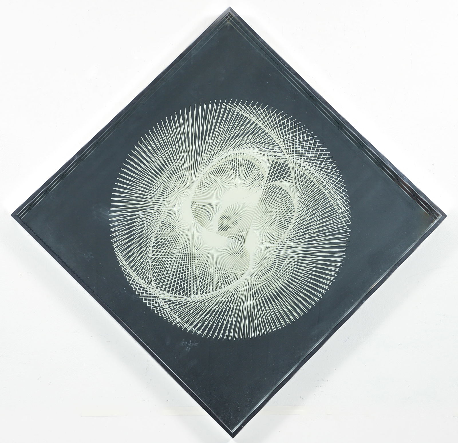 Greg Copeland Modernist Mirror Art 1974: Copeland, Greg (American, contemporary), Op Art Mirror Design, 1974, etched signature and date at lower center, in a chrome metal frame measuring 35 inches square, made to hang as a diamond.