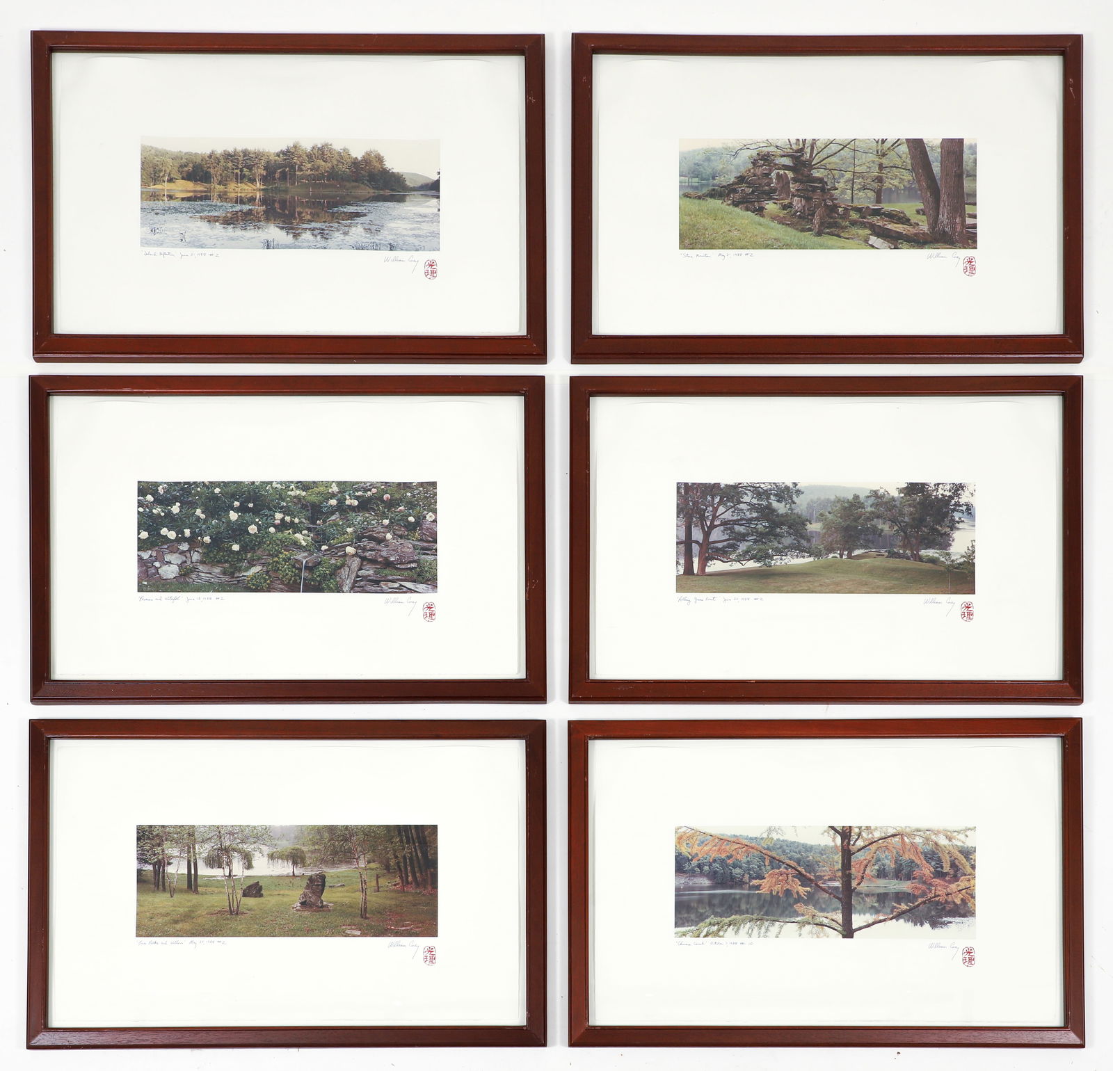 6 William Corey photographs from Innisfree, America?s Greatest Garden 1988: Corey, William (American/Colorado 1949-2008), Collection of 6 framed photographs from Innisfree: America?s Greatest Garden, 1988, series, color photographs mounted on matboard , 7.5 x 19.5 inches , ea