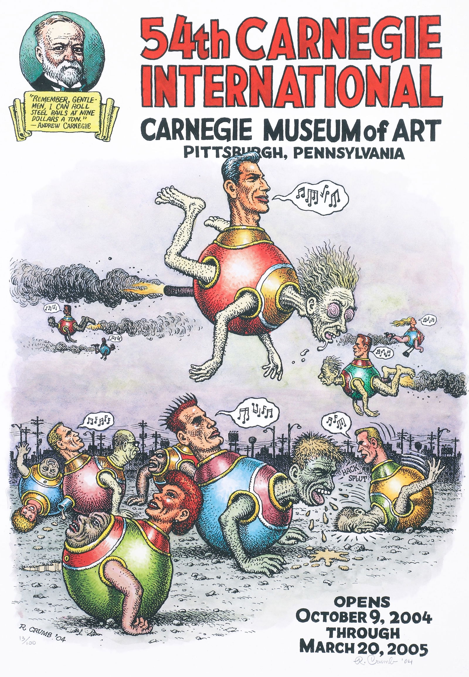 R. Crumb 54th Carnegie International Poster signed and numbered: Crumb, (Robert) R. (American, contemporary), 54th Carnegie International, color lithograph exhibition poster, Carnegie Museum of Art, Pittsburgh, PA, 2004, pencil signed and dated and numbered 13/100,