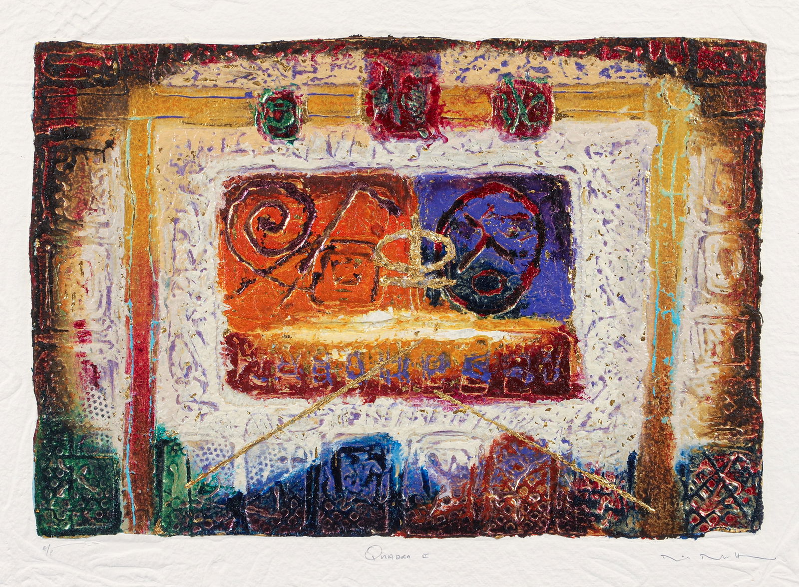 David Dodsworth 1998 carborundum mixed media etching Quadra II: Dodsworth, David (Irish b. 1952), Quadra, II, 1998, carborundum etching, gold leaf, blind embossing and mixed media, 21.5 x 28.5 inches, pencil signed, numbered, and titled, Provenenace: Park West Gal