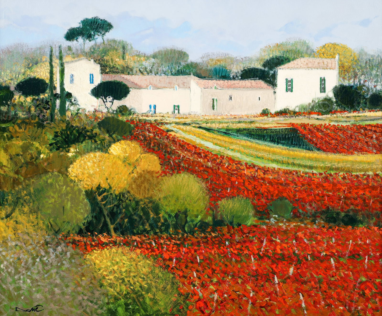 Dominique Dorie Red Autumn Vineyard Oil on Canvas: Dorie, Dominique (French, b.1958), Red Autumn Vineyard [Les Vignes Rouges d'Automne], c.2005, oil on canvas, signed lower left, and also signed and titled on the verso, 20 x 24 inches, in a gold wood