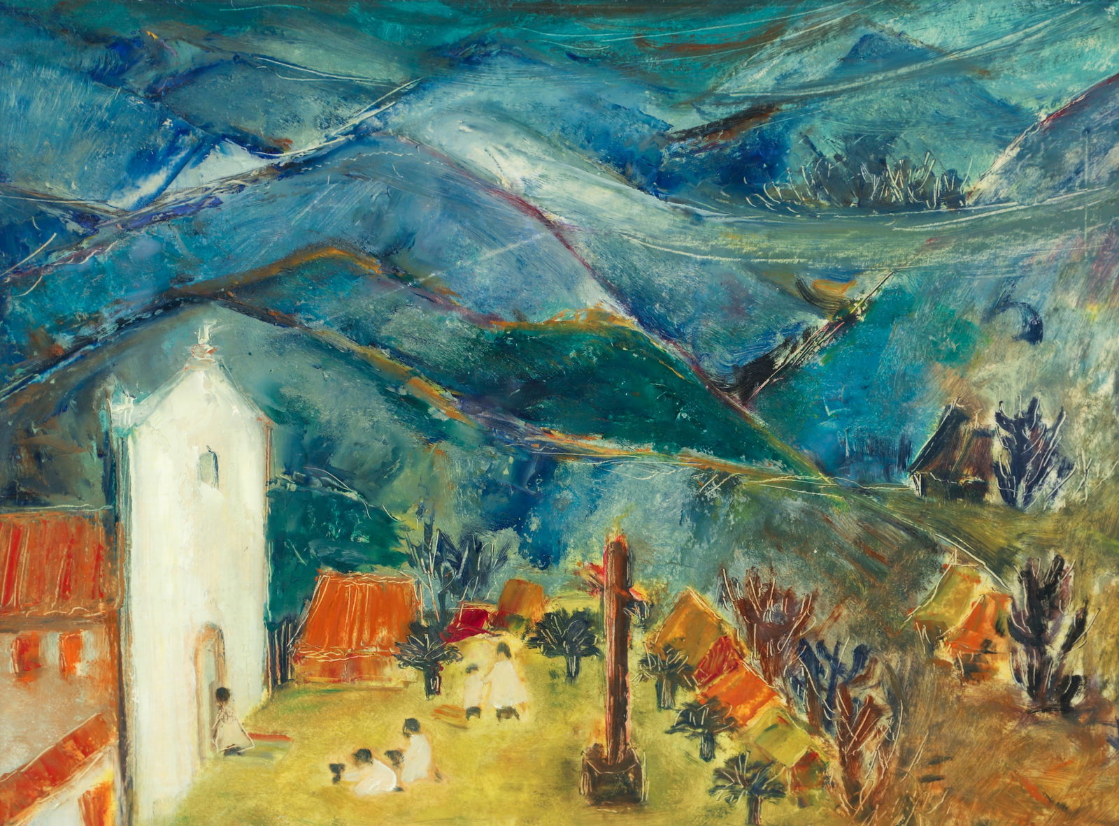 Mary Gehr San Juan Ixcoy Oil on Paper Board: Gehr, Mary (American/Illinois, 1910-1997), San Juan Ixcoy, mid 20th century, oil on board, apparently unsigned. Vincent Price Collection label on back, along with a typed description of the artist and