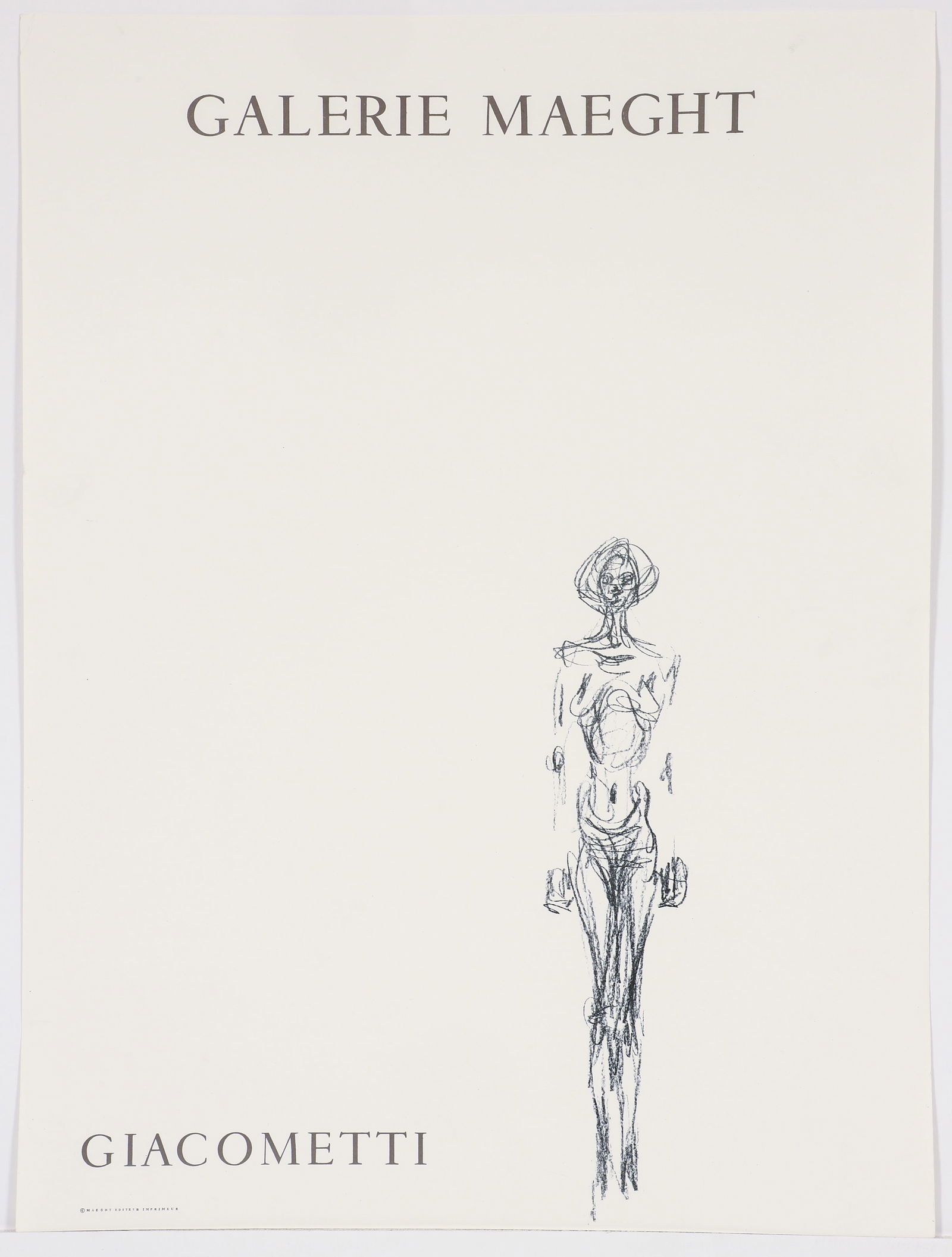 Alberto Giacometti Lithograph 1961 Exhibition Poster: Giacometti, Alberto (Swiss, 1901-1966), exhibition poster for Galerie Maeght, Paris, 1961, lithograph poster printed by Mourlot, sheet size 24.75 x 18.5 inches, unframed.